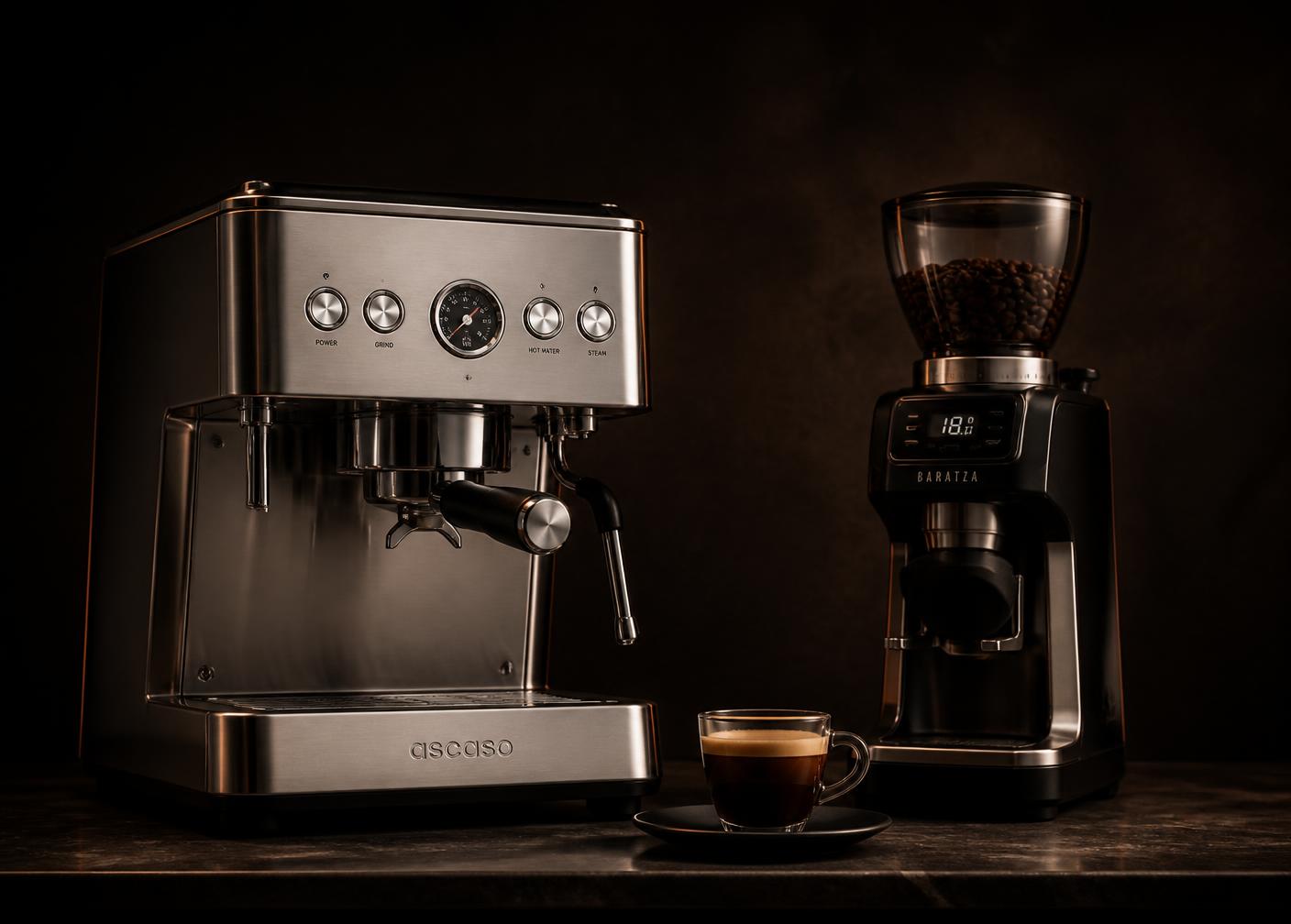 Stainless steel home espresso machine, burr coffee grinder, and an espresso cup on a dark counter